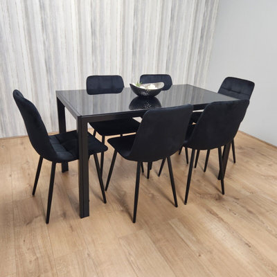 Fairmont Park Black Kitchen Dining Table And 6 Black Tufted Velvet Chairs Set Of 6 Dining Room ...